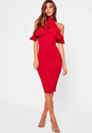 Missguided High Neck Frill Cold Shoulder Midi Dress Red at Missguided